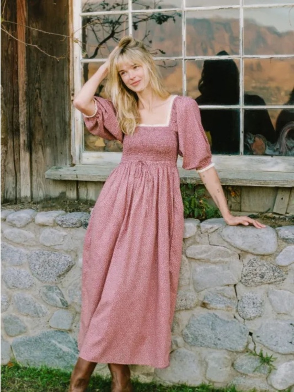 Christy Dawn Katrina Heart Floral small Smocked Maxi Dress -Dusty Rose Red Pink